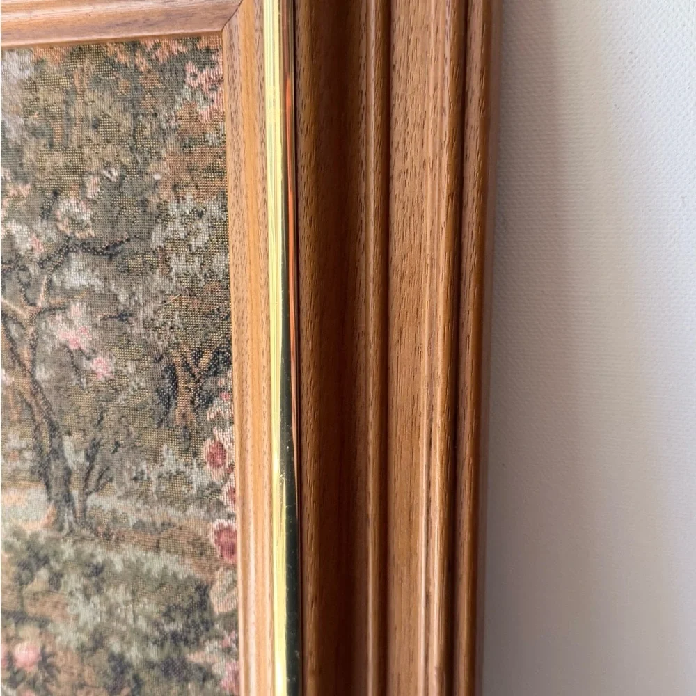 Vintage Tapestry Wall Art Pink & Green Countryside Scene wooden brass frame